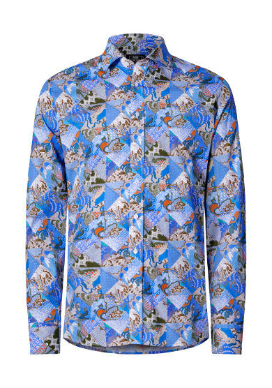 BLUE PATCHWORK PRINTED POPLIN