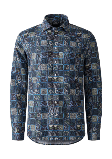 NAVY PATCHWORK PRINTED TWILL