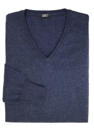 BLUE COTTON-CASHMERE V-NECK SWEATER