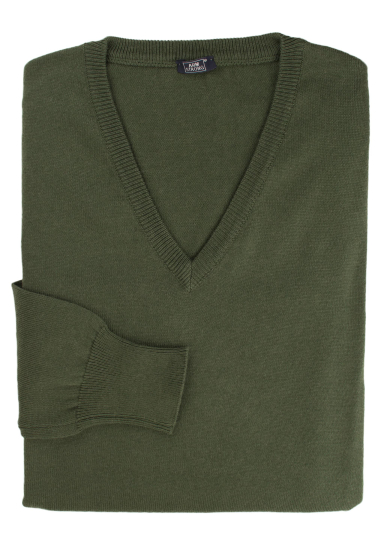 GREEN COTTON-CASHMERE V-NECK SWEATER