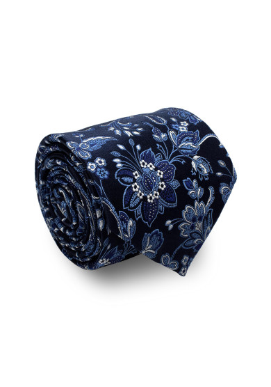 NAVY BLUE FLOWER PATTERN SILK TIE